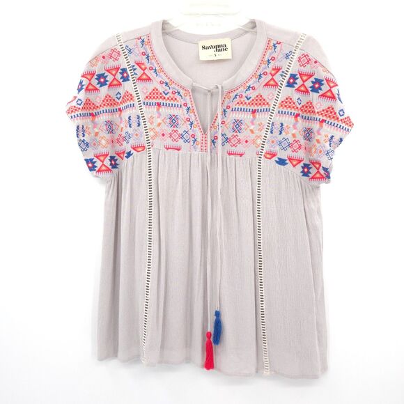 Savanna Jane Tops - Savanna Jane embroidered top Size S Aztec gray tassel tie western Boho